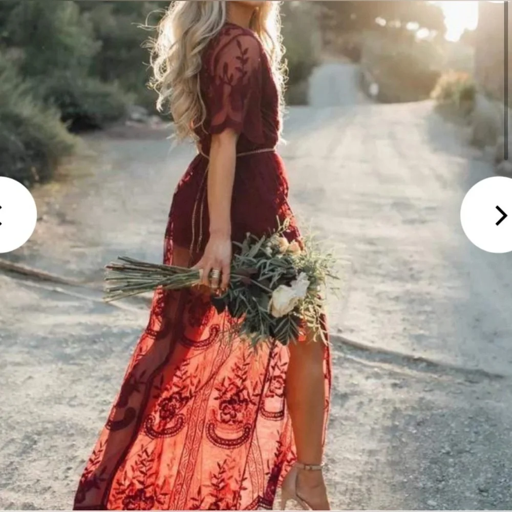 BELLA ELLA BOUTIQUE XL Light My Fire Deep V Neck Lace Wine Maxi Dress - Picture 6 of 16